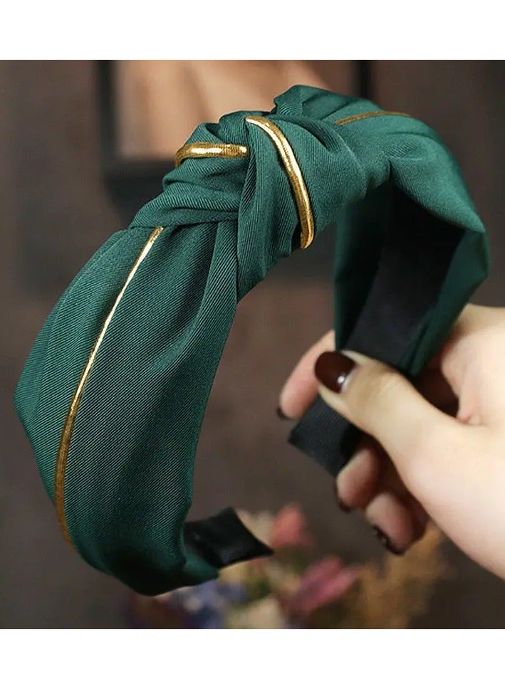 Rozino Elegant Green Bow Wide Headband with Golden Trim - Chic Polyester Knit Hair Accessory for Women & Girls, Ideal for Outdoor Events, Graduations, Thanksgiving, Ramadan, Halloween - Versatile & Comfortable - Image 1