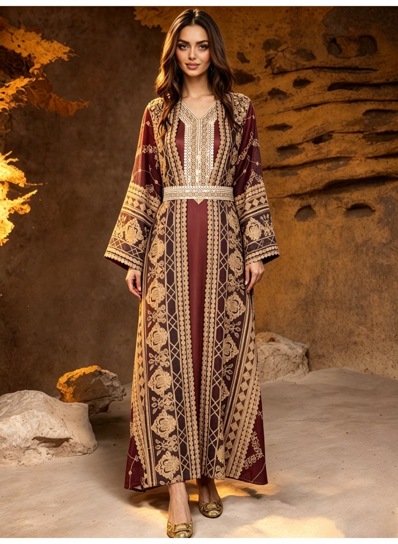 Kaiyuede Red Two Piece Abaya Set With Long Sleeve Inner Dress, Luxury Embroidery Polyester Modest Outfit For Wedding Eid Party - Image 1