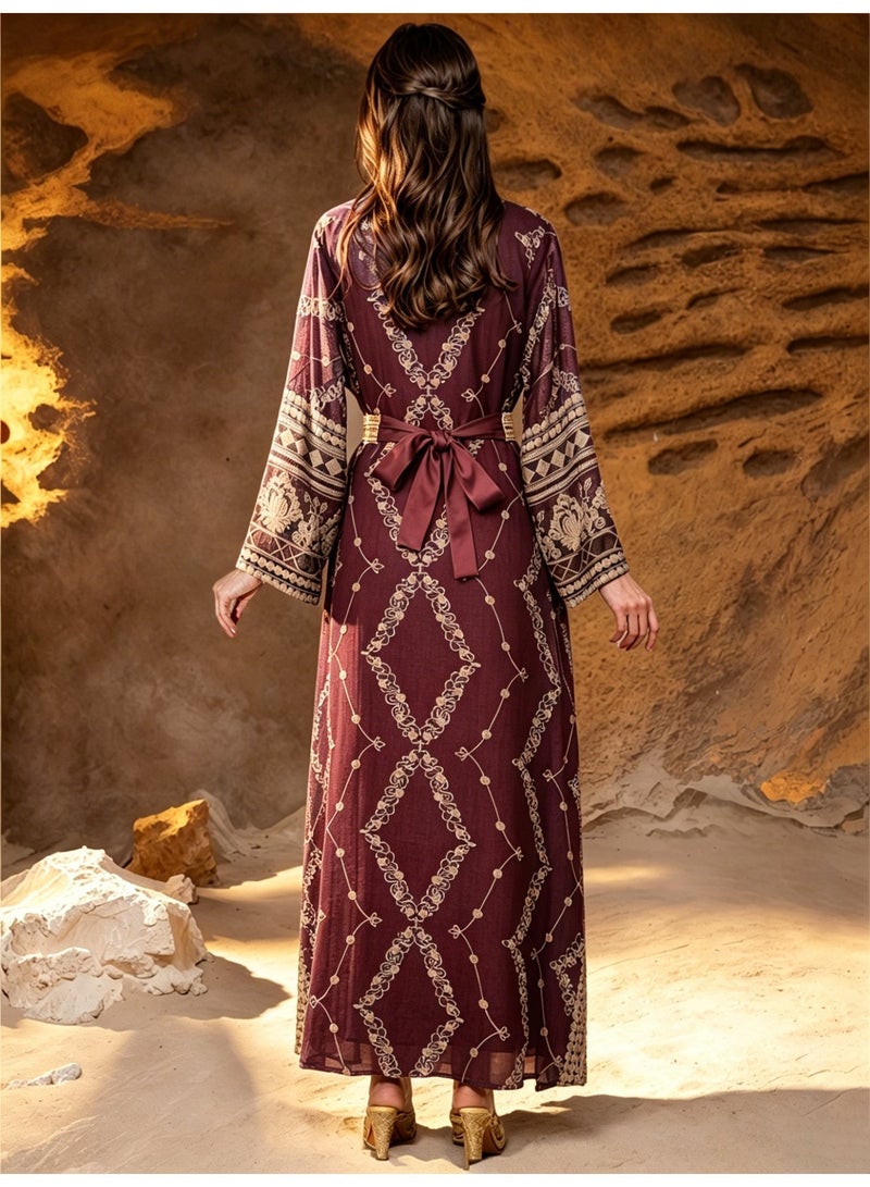 Kaiyuede Red Two Piece Abaya Set With Long Sleeve Inner Dress, Luxury Embroidery Polyester Modest Outfit For Wedding Eid Party - Image 2