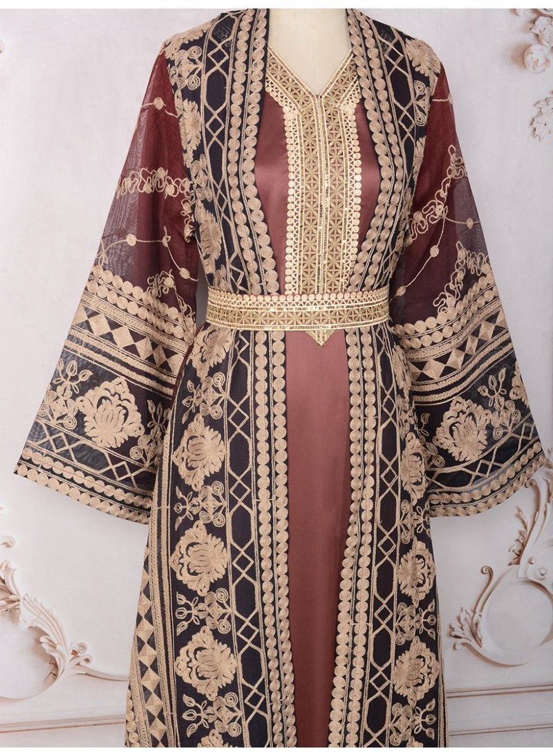 Kaiyuede Red Two Piece Abaya Set With Long Sleeve Inner Dress, Luxury Embroidery Polyester Modest Outfit For Wedding Eid Party - Image 5