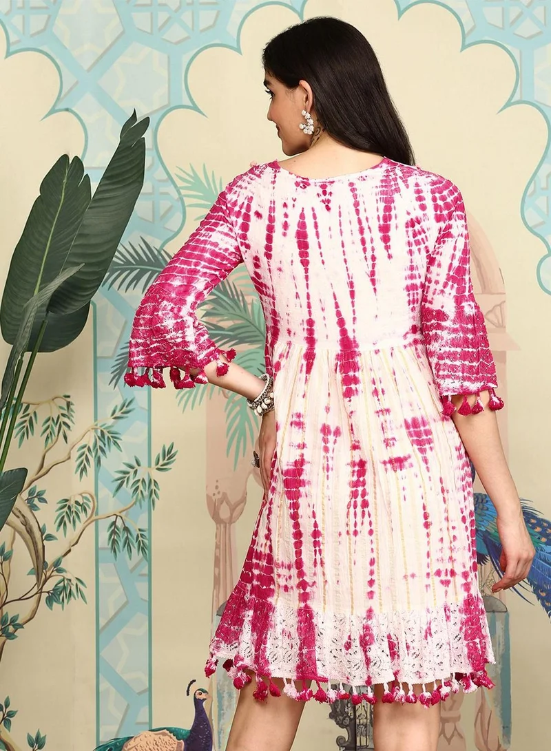 آي شين Women's Pink 100% Cotton Embellished Midi Smock Straight Fit Dress