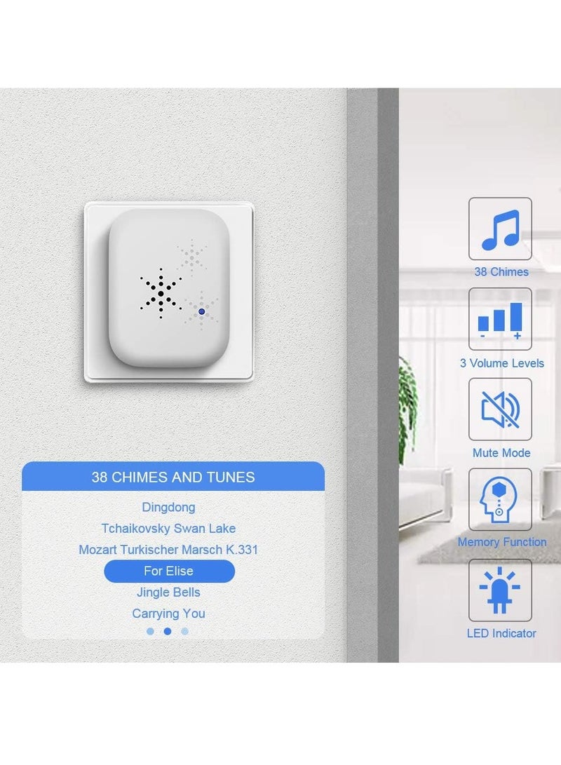 جرس باب لاسلكي يعمل بالطاقة الذاتية، لا يتطلب بطارية، طقم جرس باب لاسلكي، زر ضغط مقاوم للماء، نطاق 500 قدم مع 38 نغمة، 4 مستويات صوت وفلاش LED - قابس المملكة المتحدة أبيض - Image 4