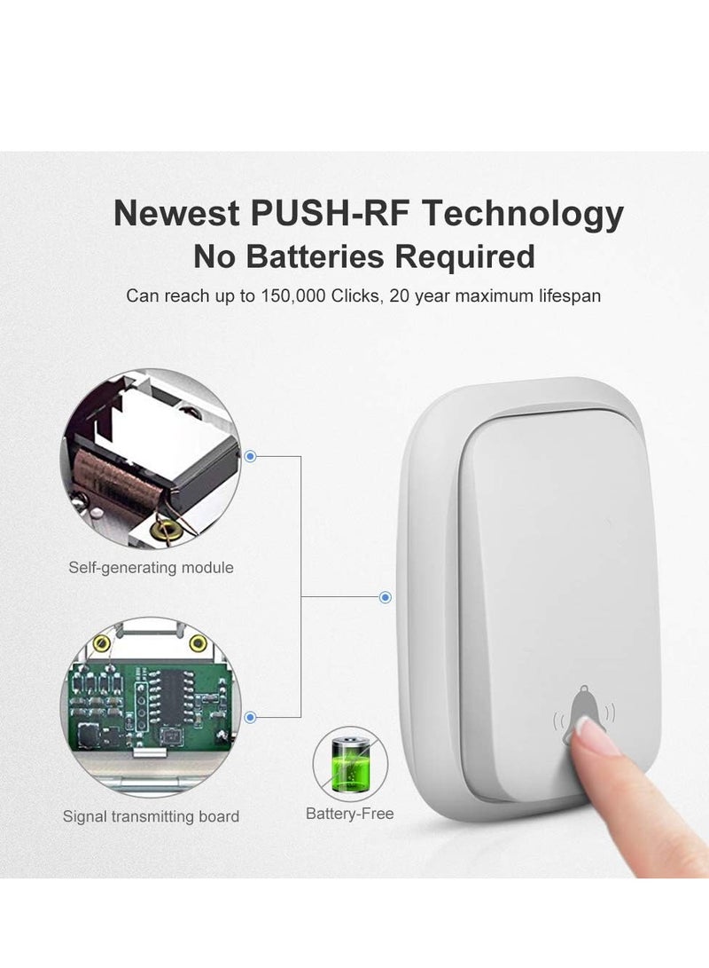 جرس باب لاسلكي يعمل بالطاقة الذاتية، لا يتطلب بطارية، طقم جرس باب لاسلكي، زر ضغط مقاوم للماء، نطاق 500 قدم مع 38 نغمة، 4 مستويات صوت وفلاش LED - قابس المملكة المتحدة أبيض - Image 3