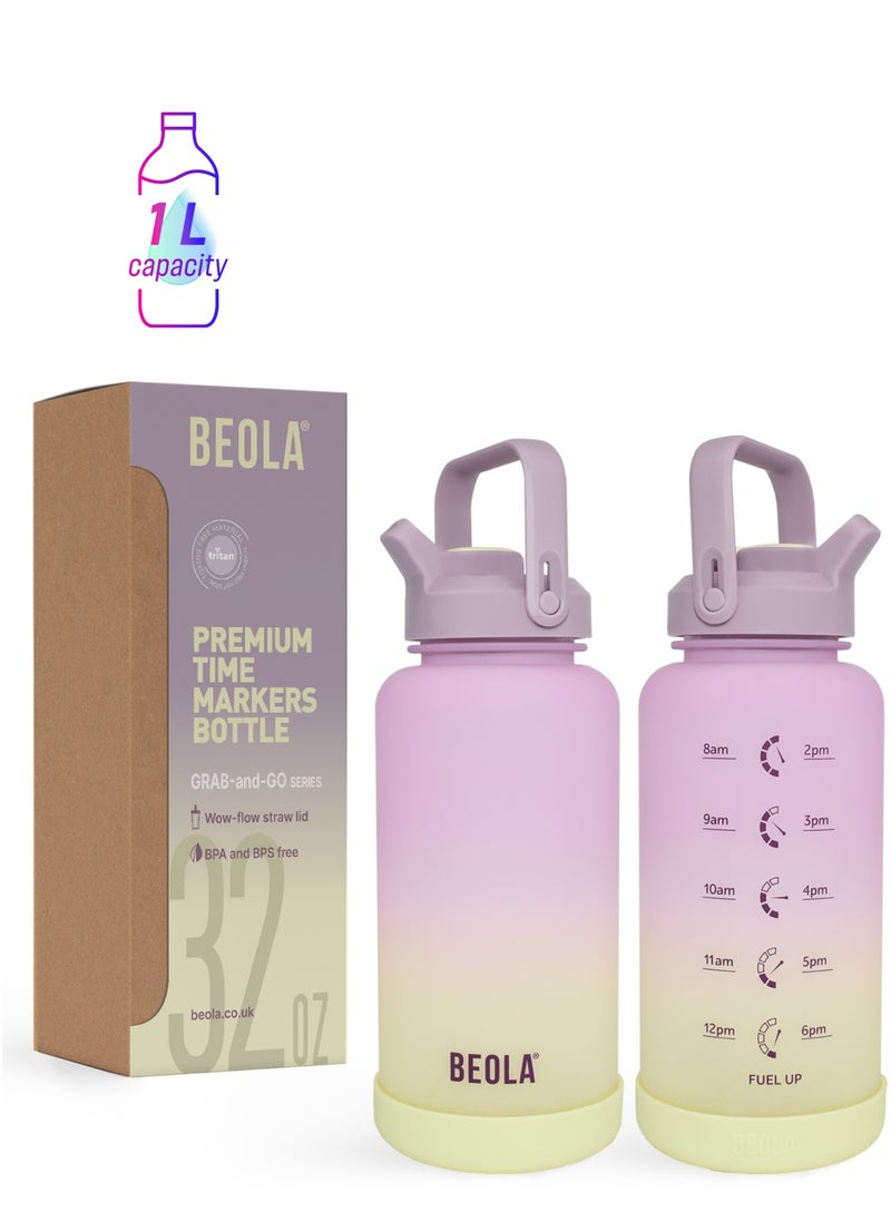 BEOLA Motivational Water Bottle with Time Markers and Straw Lid - 1000ml, Morning Rose  - Image 1