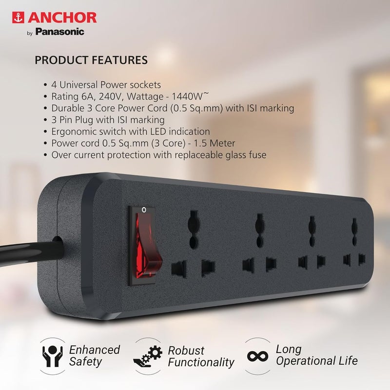 Anchor by Panasonic 6 Amp Power Strip with 4 Universal Sockets with Master Switch, 4 Way Extension Board with 1.5 Mtr Long Wire (22078), Black - Image 3