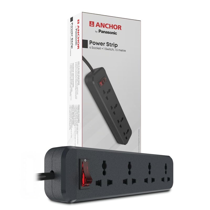 Anchor by Panasonic 6 Amp Power Strip with 4 Universal Sockets with Master Switch, 4 Way Extension Board with 1.5 Mtr Long Wire (22078), Black - Image 1