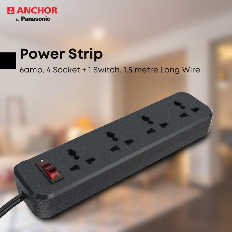 Anchor by Panasonic 6 Amp Power Strip with 4 Universal Sockets with Master Switch, 4 Way Extension Board with 1.5 Mtr Long Wire (22078), Black - Image 4