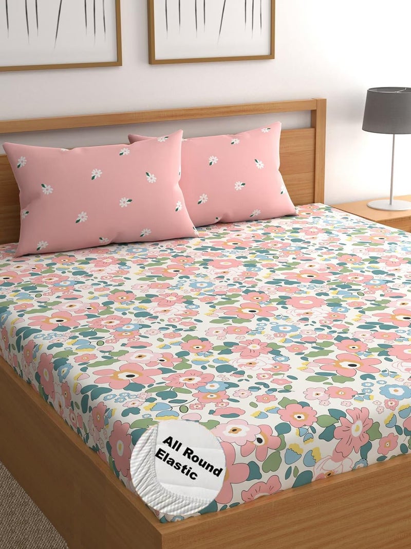 AMEYAA 300 TC Cotton Feel Glace Cotton Elastic Fitted Printed King Size Double Bed Bedsheet with 2 Pillow Covers Fits Upto 8 inches Mattress, Size- 72X78 Inches, Pinkflower - Image 1