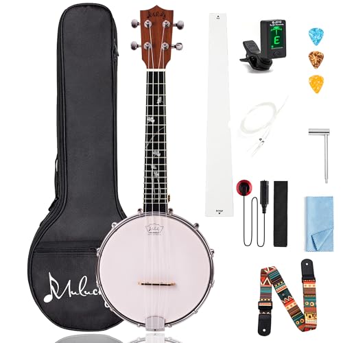 Mulucky 4-String Banjo Ukulele | Banjolele 23" Sapele Wood with Remo Head & Nylon Strings | Dark Brown Travel Kit (Bag, Tuner, Picks) - MBU-806 - Image 1