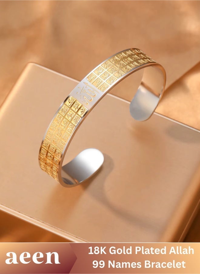 aeen 18K Gold Plated Stainless Steel Allah 99 Names Islamic Bracelet, Adjustable Arabic Calligraphy Bracelet, Muslim Religious Jewellery Gift for Men and Women - Image 1