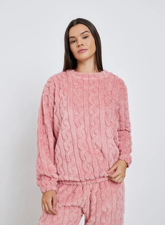 Styli Cable Knit Fleece Top and Cuffed Joggers Set