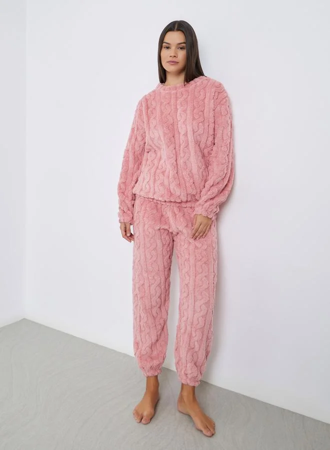 Styli Cable Knit Fleece Top and Cuffed Joggers Set