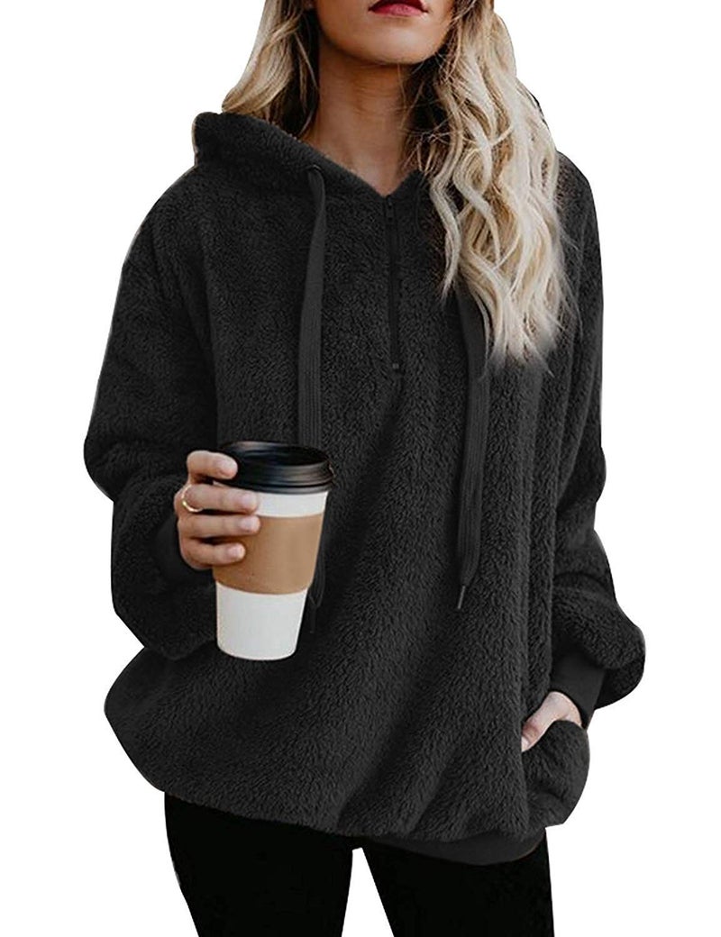 Yanekop Womens Oversized Hoodies Quarter Zip Pullover Sherpa Jacket Zip Up Sweatshirt Fuzzy Fleece Pullover with PocketsB BlackL