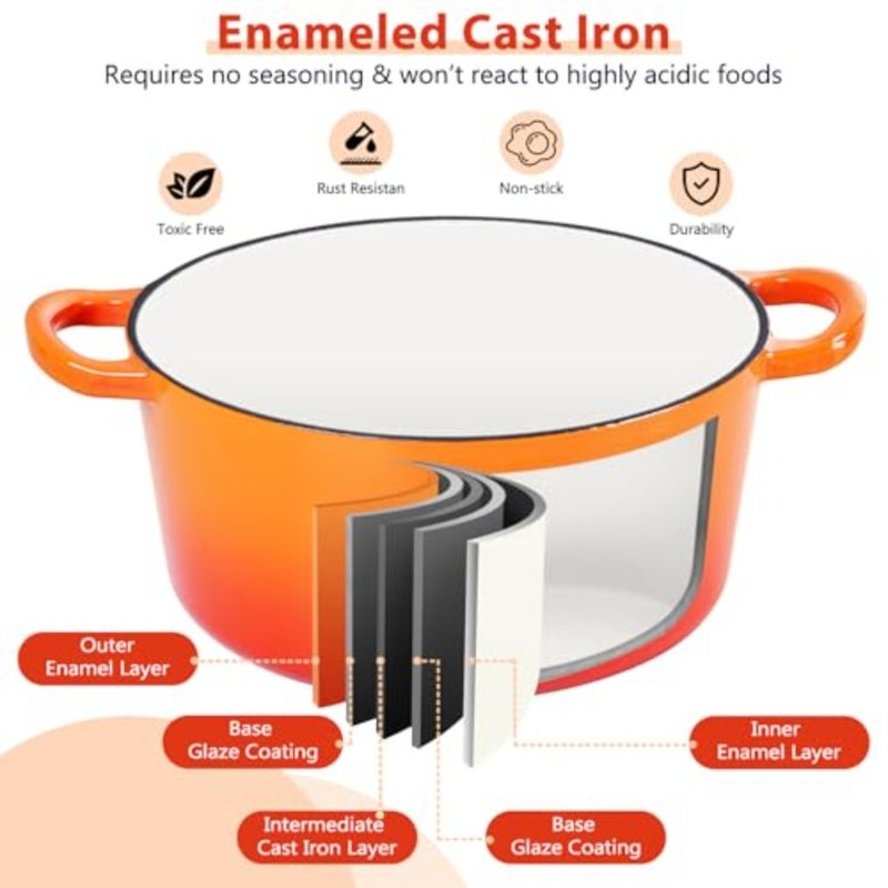 6 Quart Dutch Oven, Enameled Cast Iron Dutch Oven Pot with Lid, Nonstick Round Cookware for Braising/Stews/Roasting/Bread Baking/Cooking, Heavy Duty, Induction and Oven Safe - Orange - Image 3
