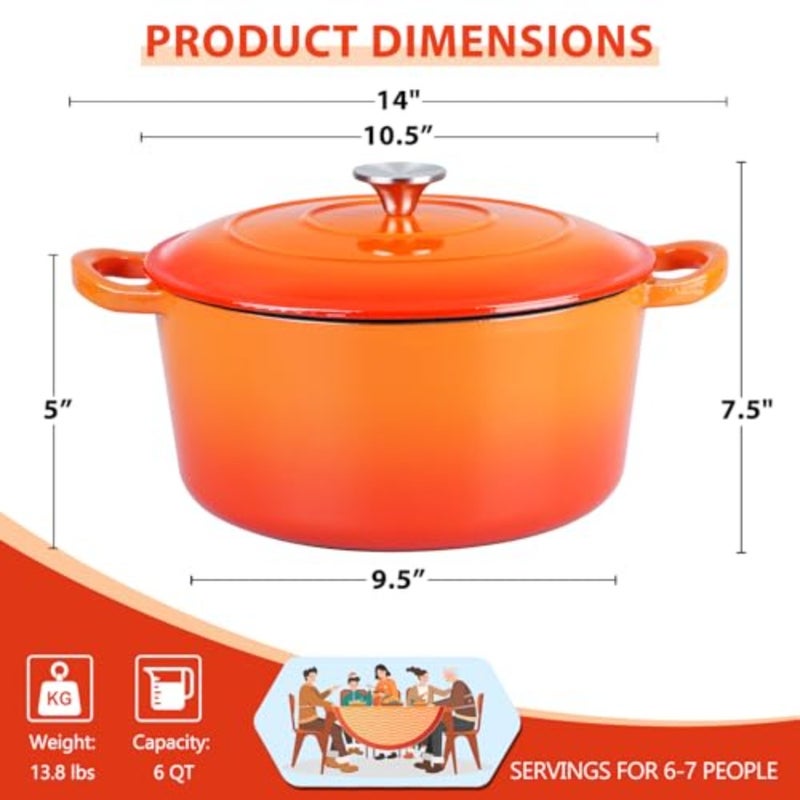 6 Quart Dutch Oven, Enameled Cast Iron Dutch Oven Pot with Lid, Nonstick Round Cookware for Braising/Stews/Roasting/Bread Baking/Cooking, Heavy Duty, Induction and Oven Safe - Orange - Image 2