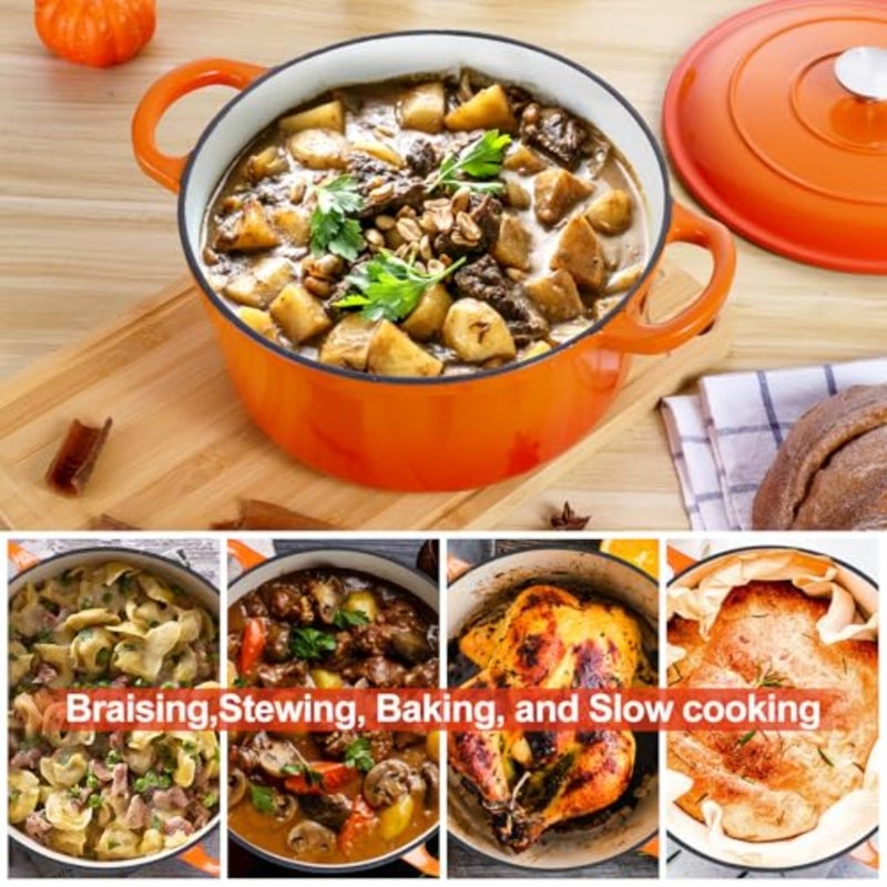 6 Quart Dutch Oven, Enameled Cast Iron Dutch Oven Pot with Lid, Nonstick Round Cookware for Braising/Stews/Roasting/Bread Baking/Cooking, Heavy Duty, Induction and Oven Safe - Orange - Image 4