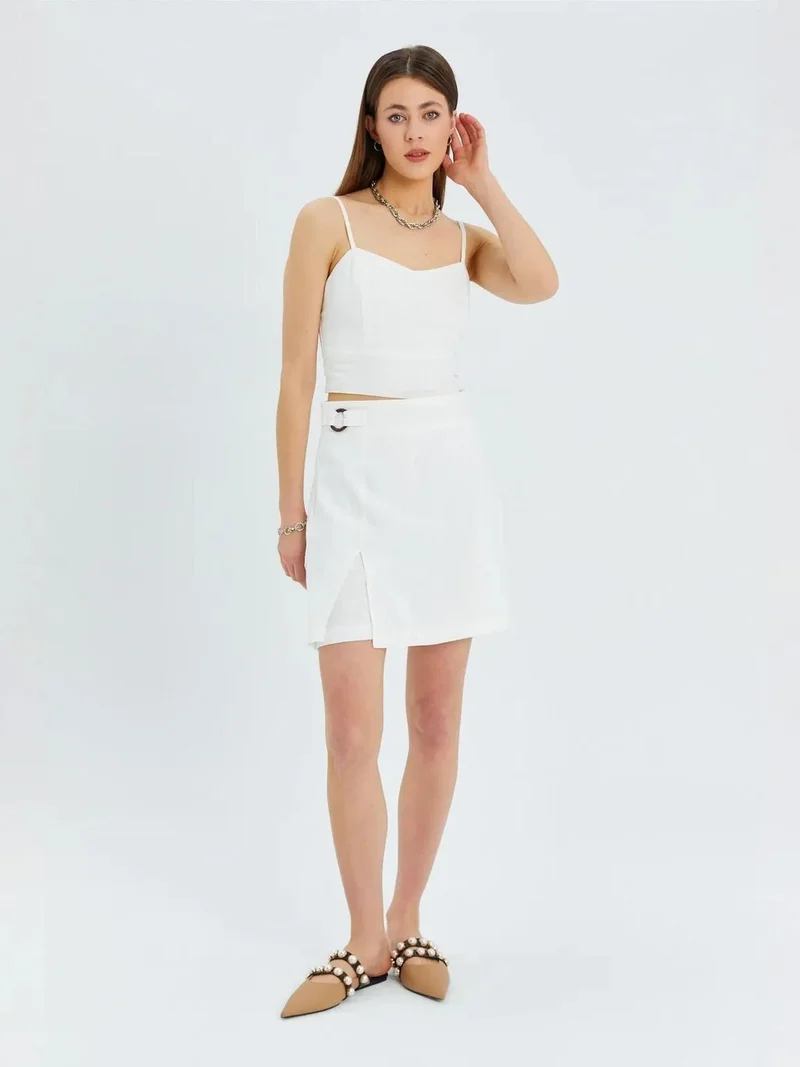 Mixray Ivory Natural Belted High-Waist Wrap Front Shorts with Slit Detail for Women | Best Price UAE