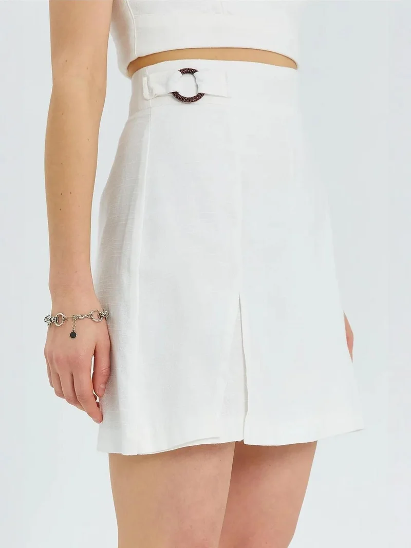 Mixray Ivory Natural Belted High-Waist Wrap Front Shorts with Slit Detail for Women | Best Price UAE