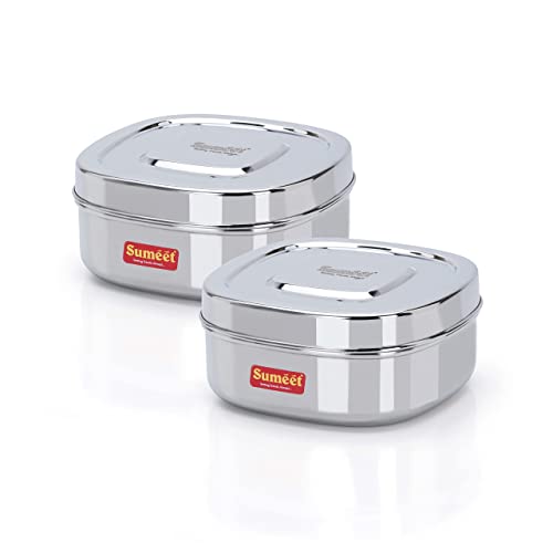 Sumeet Stainless Steel Square Storage Containers Box/Dabba For Kitchen, Set Of 2Pcs, 700Ml, 12.5Cm Dia, Silver, Black - Image 1