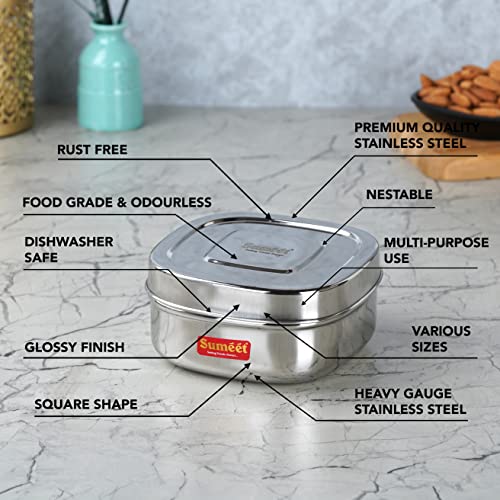 Sumeet Stainless Steel Square Storage Containers Box/Dabba For Kitchen, Set Of 2Pcs, 700Ml, 12.5Cm Dia, Silver, Black - Image 2