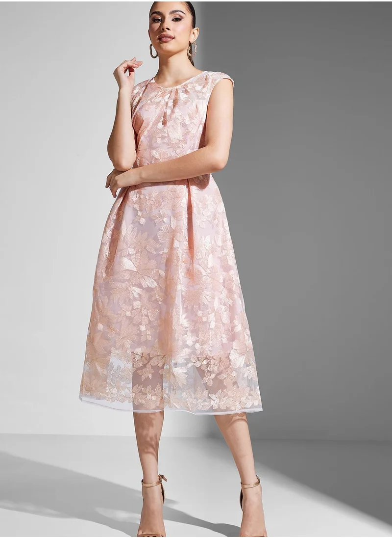 Adrianna Papell Mesh Floral Embroidered Dress