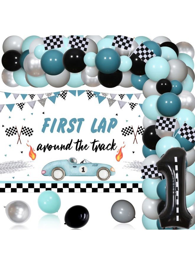 Funmemoir Race Car First Birthday Party Decorations, Vintage Fast One Birthday Decorations for Boys - First Trip Around the Track Backdrop, Retro Let's Go Racing Balloon Garland Kit, 1 Foil Number Balloon - Image 1