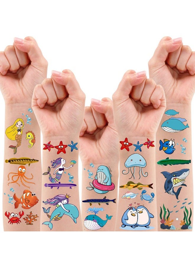 PARTYWIND 200 PCS Ocean Theme Temporary Tattoos for Kids, Beach Pool Under Sea Decorations Birthday Party Supplies Favors, Fake Tattoos Stickers With Mermaid Shark Tropical Fish Whale for Boys and Girls - Image 1