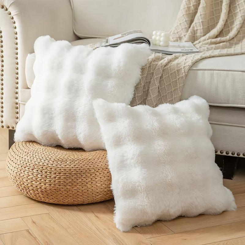 2 Pcs White Faux Rabbit Soft Pillowcase For Sofa Living Room Decoration - Image 2