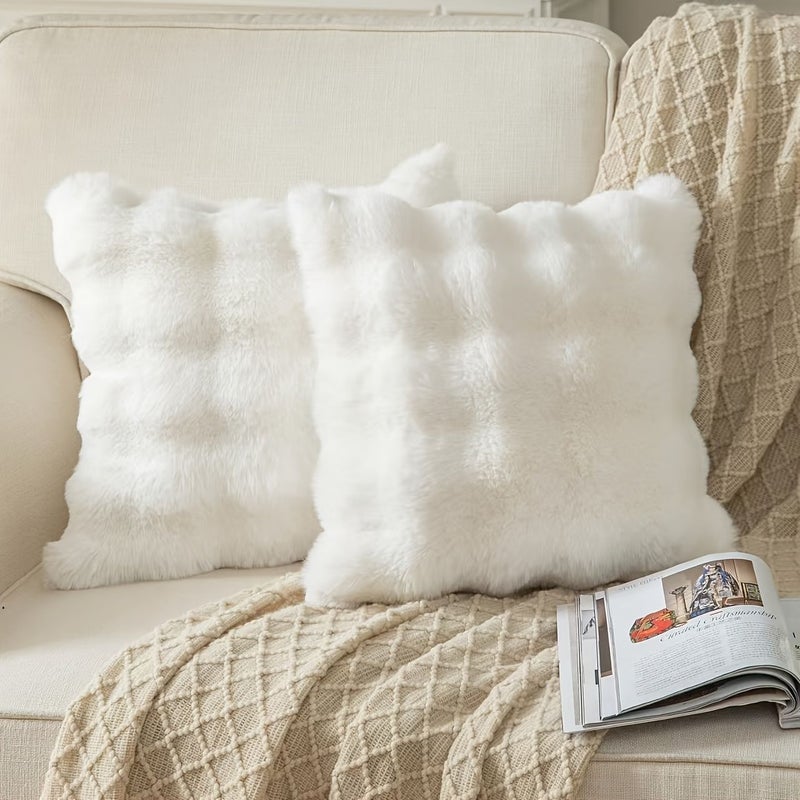 2 Pcs White Faux Rabbit Soft Pillowcase For Sofa Living Room Decoration - Image 4
