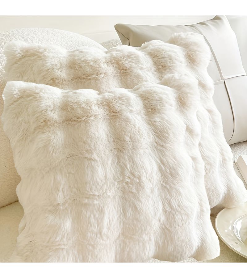 2 Pcs White Faux Rabbit Soft Pillowcase For Sofa Living Room Decoration - Image 1