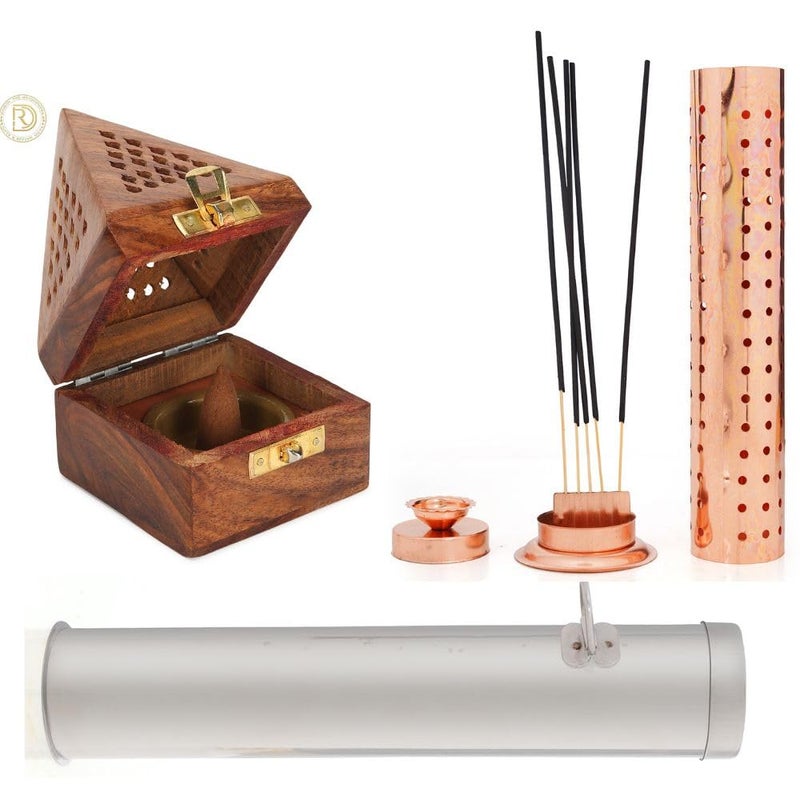 DigiRake Wood Pyramid Dhoop Stand & 10 Inch Agarbatti Stand Combo - Sheesham Wooden Sambrani & Incense Holder for Pooja Room, Home & Office Use (Dhoop + SS Copper + Container Dhoop Agarbatti Stand) - Image 1