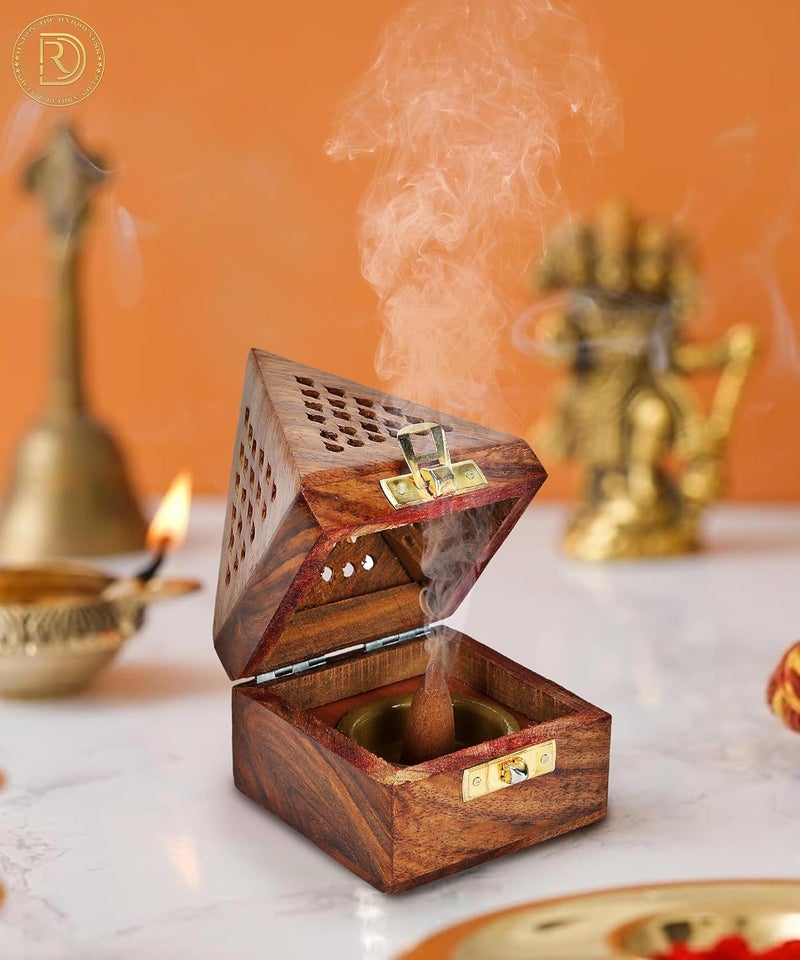 DigiRake Wood Pyramid Dhoop Stand & 10 Inch Agarbatti Stand Combo - Sheesham Wooden Sambrani & Incense Holder for Pooja Room, Home & Office Use (Dhoop + SS Copper + Container Dhoop Agarbatti Stand) - Image 4