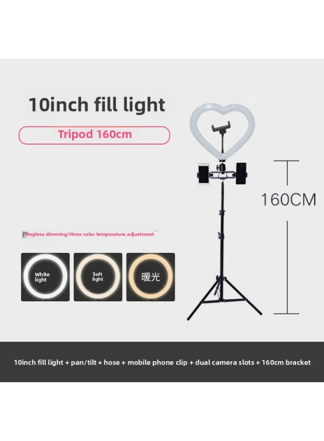 general 10 Inch Heart Shaped Fill Light Beauty Chattering Live LED Ring Light Desktop Tripod Mobile Phone Bracket Lighting Light-Specifications:10 Inch Ring Lamp + Pan-tilt + Hose + Mobile Phone Clamp + Dou  - Image 1