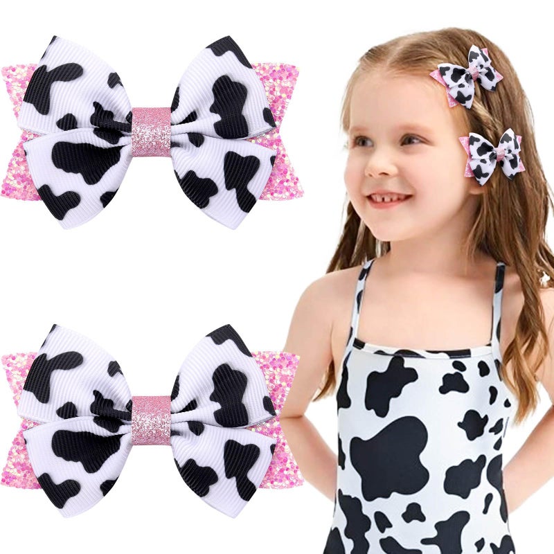 NCMAMA 2PCS Cute Moo Cow Print Hair Bows - Pink Grosgrain Ribbon Alligator Clips for Girls, Women, Toddlers, Infants, and Kids' Birthday Party Decor (Type A) - Image 1