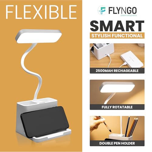 FLYNGO Plastic 3 Color Mode Led Study Table Desk Lamp For Students With Pen & Phone Holder, Rechargeable Touch On/Off Studying (204White) - Image 5