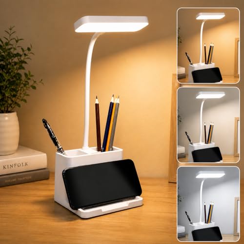 FLYNGO Plastic 3 Color Mode Led Study Table Desk Lamp For Students With Pen & Phone Holder, Rechargeable Touch On/Off Studying (204White) - Image 1