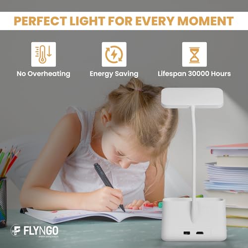 FLYNGO Plastic 3 Color Mode Led Study Table Desk Lamp For Students With Pen & Phone Holder, Rechargeable Touch On/Off Studying (204White) - Image 4
