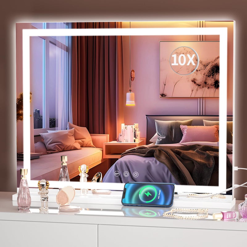Hasipu Vanity Mirror with Lights 23 x 18 LED Makeup Mirror Lighted Makeup Mirror with Dimmable 3 Modes Touch Screen Control Vanity Mirror Square White