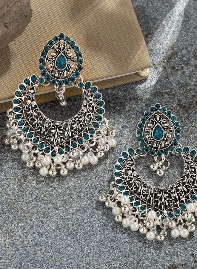 Women's Silver-Plated Ethnic Long Earrings, Teal Gem & Pearl Statement Earrings for Ladies, Perfect for Wedding & Festive Wear in Middle East