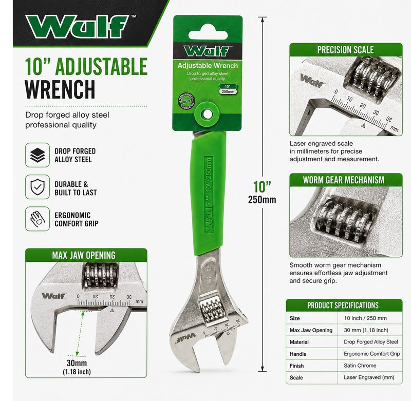 Wulf 10-Inch Adjustable Wrench 250mm Drop Forged Alloy Steel Spanner with Ergonomic Grip Laser Etched Metric Scale for Automotive Plumbing Industrial Maintenance and Household DIY Repair Hand Tool - Image 5