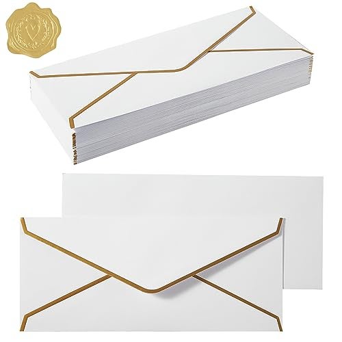 Topeen 100 Pack 10 Business Envelopes with Gold Border Self Seal Standard Envelopes with Gold Stickers for Office Checks Letter Mailing Invoices 4 18 x 9 12 Inches White - Image 1