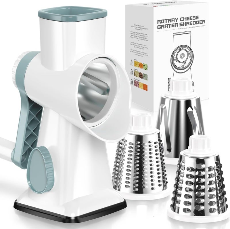 Badelite Cheese Grater Hand Crank Rotating Cheese Shredder Stainless Steel Vegetable Slicer Grater for Kitchen 3 Blades for Cheese, Carrot, Cucumber, Nuts, Chocolate, White - Image 1