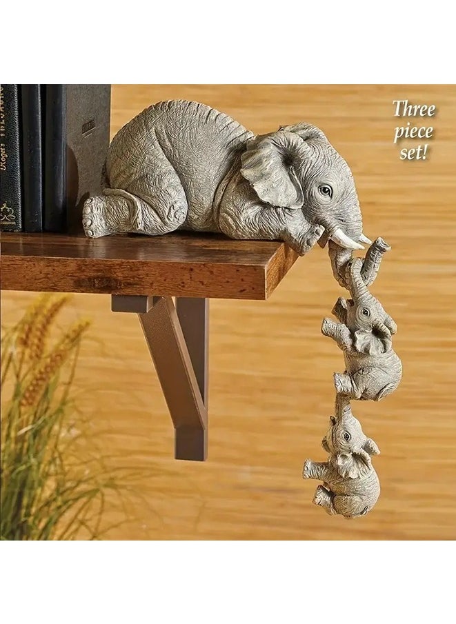 Generic - 3pcs/set Elephant Sitter Mothers Hanging Two Babies Statue Hand-Painted Resin Collections Figurines Hanging Off The Edge Of A Shelf Or Table - Image 1