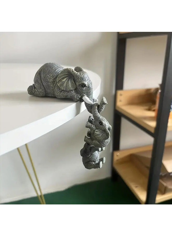 Generic - 3pcs/set Elephant Sitter Mothers Hanging Two Babies Statue Hand-Painted Resin Collections Figurines Hanging Off The Edge Of A Shelf Or Table - Image 1