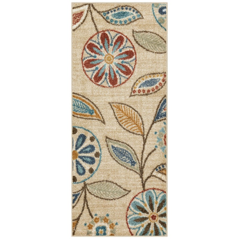 Maples Rugs Reggie Floral Runner Rug  Made in USA  Washable Non Slip Indoor Carpet for Kitchen Hallway and Laundry Room 18 x 4 Beige