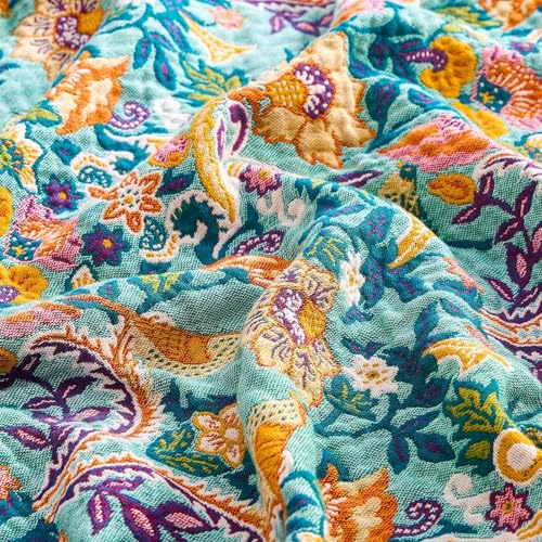 XIBLC Boho Blanket Throw Quilt, 100% Cotton Soft Light Weight Throw Blankets for Summer, 90"x98" Farmhouse Flower Decorative Blankets, All Season Rustic Reversible Bohemian Throw Quilt - Image 5