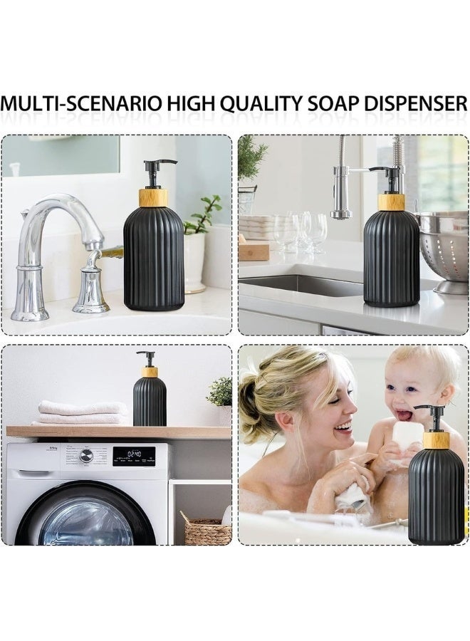 2 Pieces Glass Soap Dispenser with Wooden Tray for Bathroom and Kitchen Sink Refillable Multi-Purpose, 400ml (Black) - Image 5