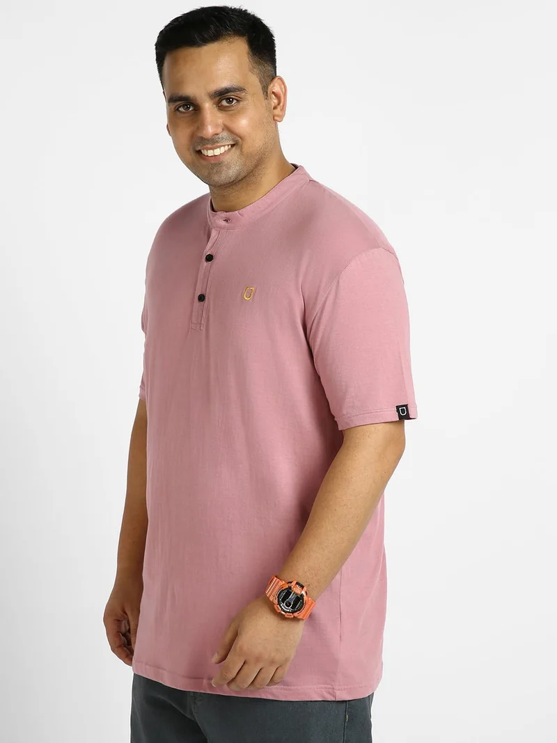 Urbano Fashion  Urbano Plus Men's Lilac Solid Mandarin Collar Regular Fit Half Sleeve Cotton T-Shirt  | Best Price UAE