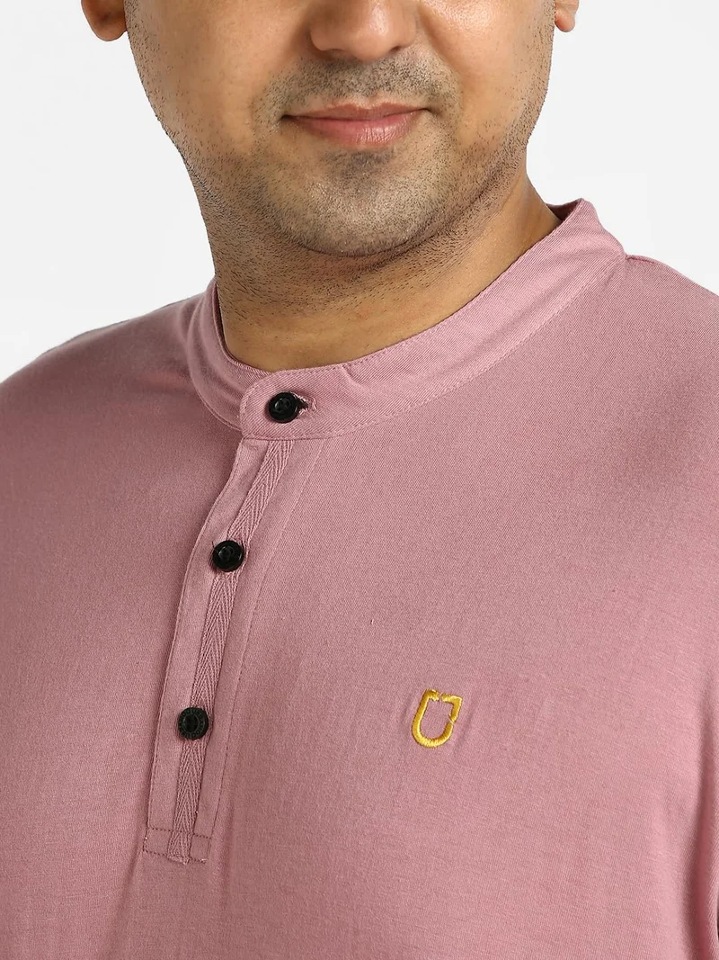 Urbano Fashion  Urbano Plus Men's Lilac Solid Mandarin Collar Regular Fit Half Sleeve Cotton T-Shirt  | Best Price UAE