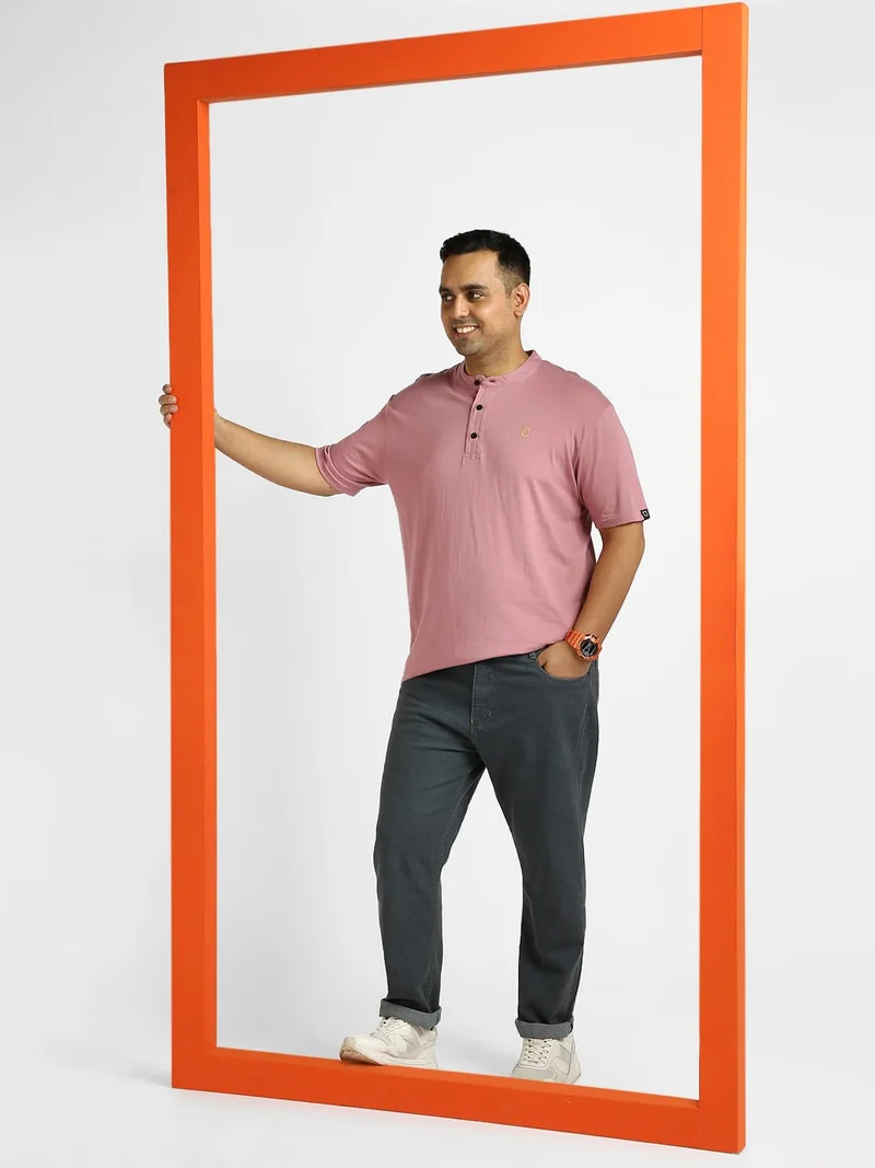 Urbano Fashion  Urbano Plus Men's Lilac Solid Mandarin Collar Regular Fit Half Sleeve Cotton T-Shirt  | Best Price UAE